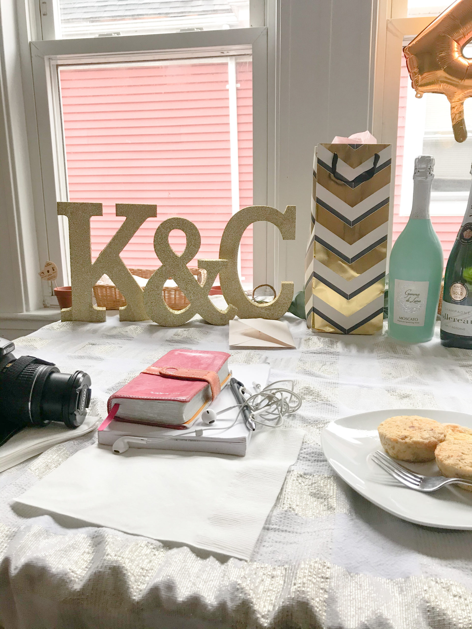 Morning after the  Kindred &amp; Co. launch party  in October 2019. Just me, my planner/journal, Bible, and leftovers. Oh and the champagne gifts.